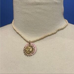 Vintage 90s Express Gold Sun Pendant Choker Necklace with Ivory Beads Y2K